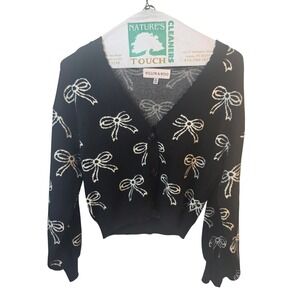 Willow & Wind Womens XS Black White Bow Print Cropped Cardigan Sweater Coquette